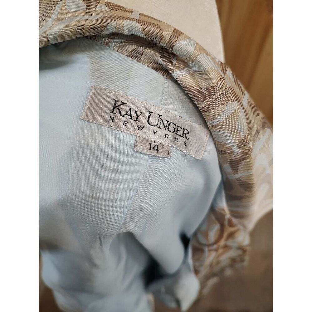 Kay Unger NY Blazer 14 Damask Ivory/Blue Vintage Suit‎ Jacket Y2K Leather Belt - Picture 11 of 11